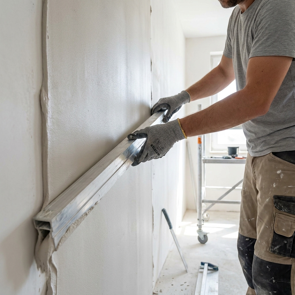 Leveling the wall with an aluminium straightedge