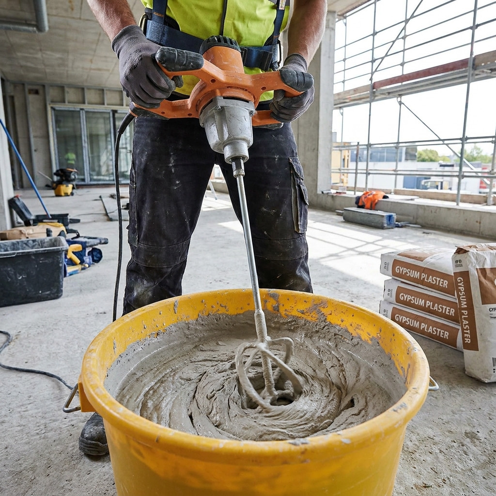 Mixing gypsum plaster in a bucket