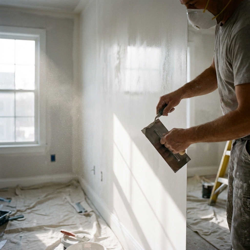 Smoothing the wall surface with a wide trowel